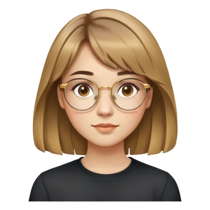 young adult woman with light skin, friendly and serene expression, round face with prominent cheeks, light brown hair with golden highlights, voluminous and straight with slight waves, long bangs over eyebrows, large octagonal glasses with thin golden or light pink frame, casual dark shirt sticker