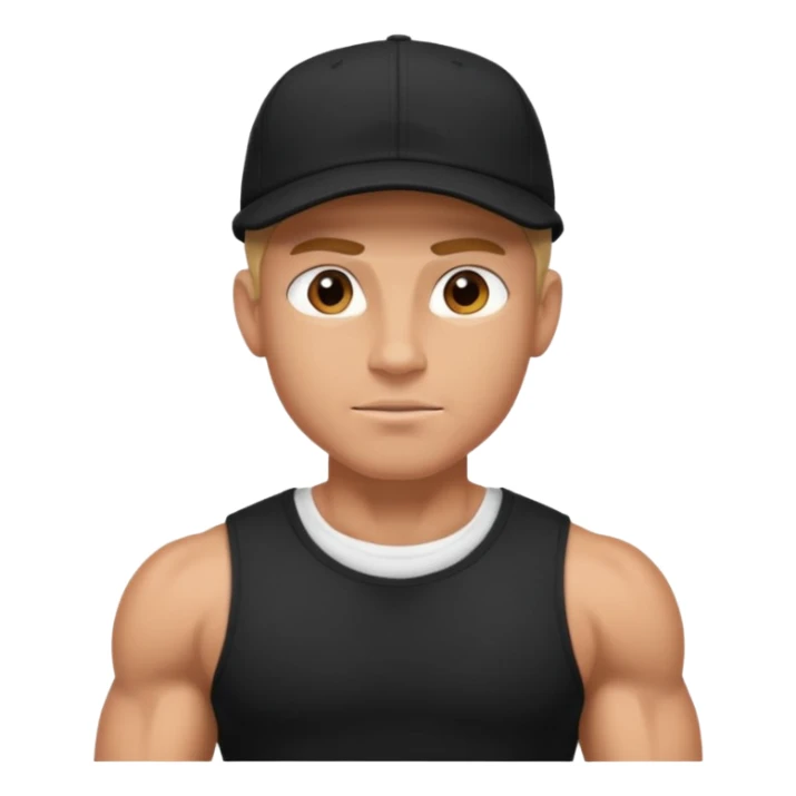 An arrogant guy in a black t-shirt, he is muscled and has a cap  sticker