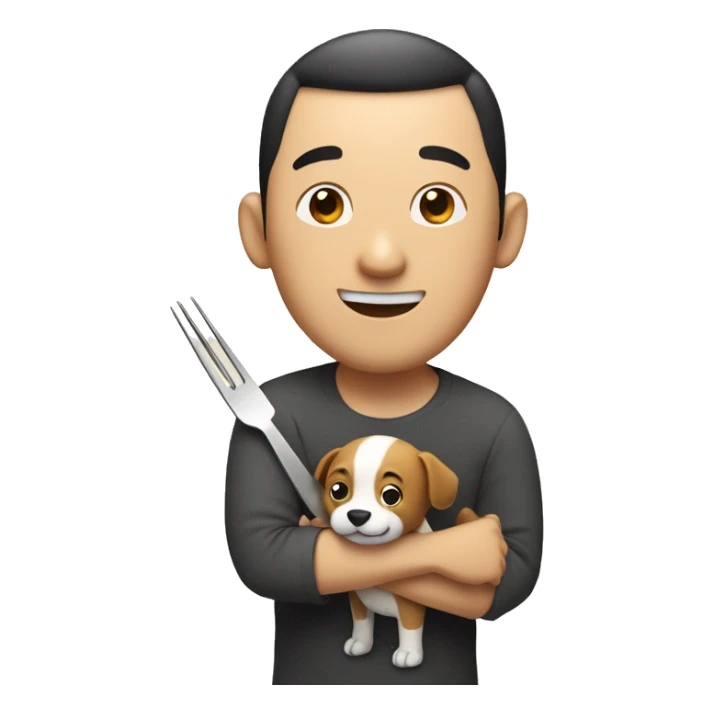 Chinese man with knife and fork smiling with dog sticker
