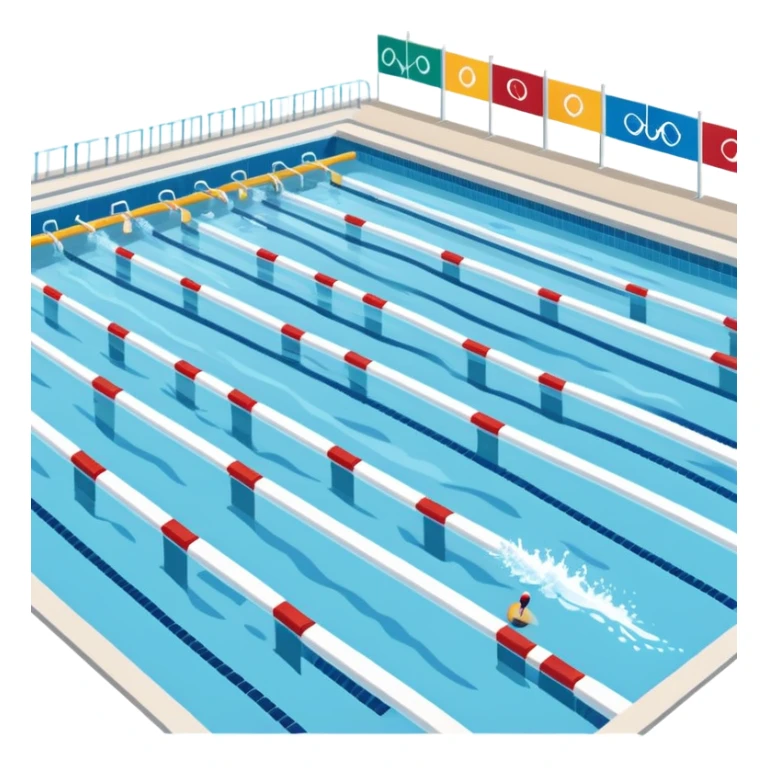 An icon featuring an Olympic swimming pool with multiple lanes and swimmers racing side by side. Splashes and lane dividers highlight the competition atmosphere. Transparent background emphasizes the energy, speed, and intensity of professional swimming events. sticker