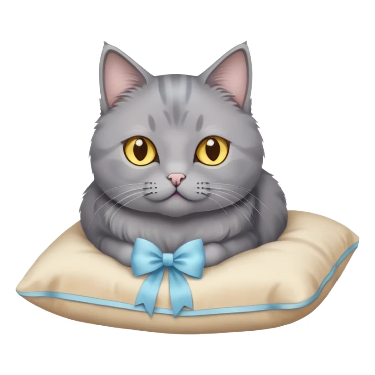 A grey cat with yellow eyes and a light blue bow sits on a beige pillow



 sticker