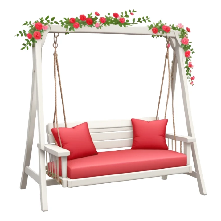 Romantic white wooden pastel-red cushions couch-swing with tiny flowers around sticker