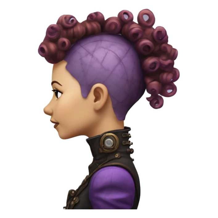 Photorealistic steampunk profile short mohawk purple  curl on Caucasian girl with small nose round face sticker