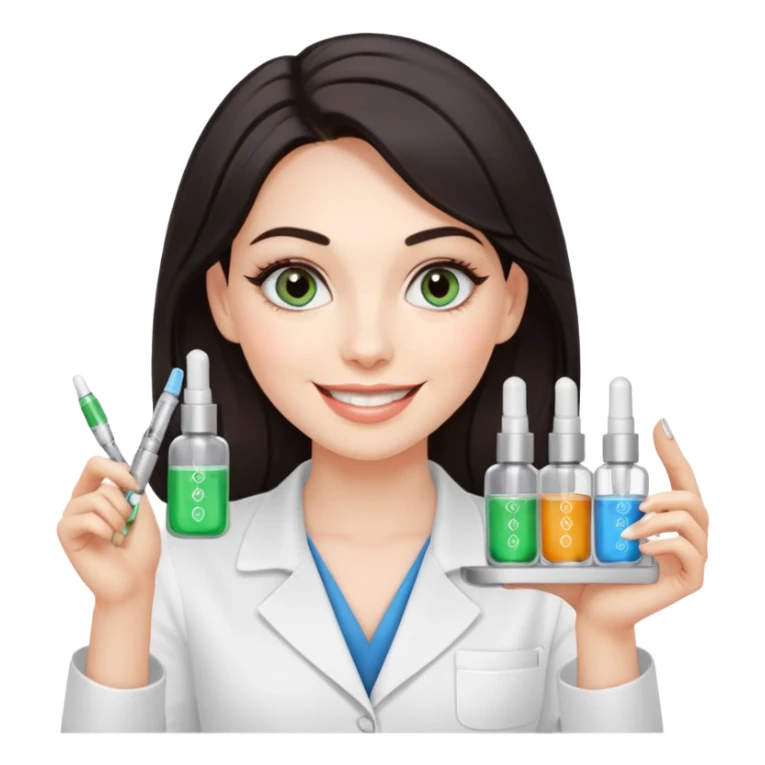 A smiling beautician with cold fake smile, calculating eyes, pointing at your cheek while holding 5 expensive serum bottle. predatory vibe.A face with a fake sweet smile, but the face is slowly consumed by shadows creeping from below. Only the cold, calculating eyes are visible in the dark sticker