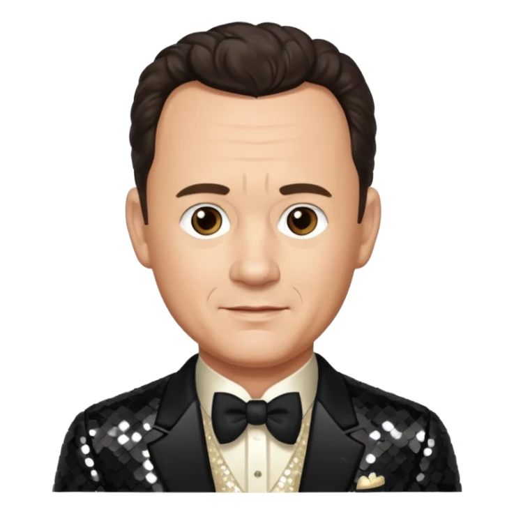 Tom Hanks with dark brown hair, ivory sequin outfit sticker
