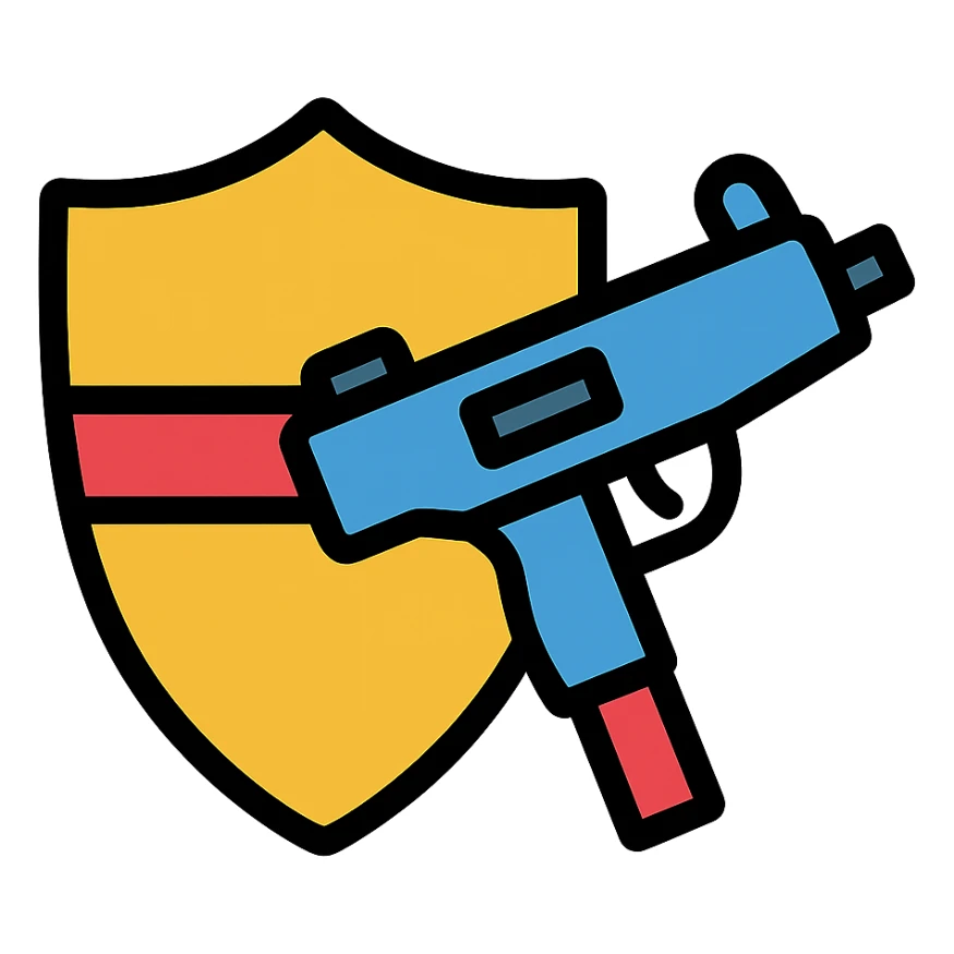 shield and uzi colored icon with black outlines sticker