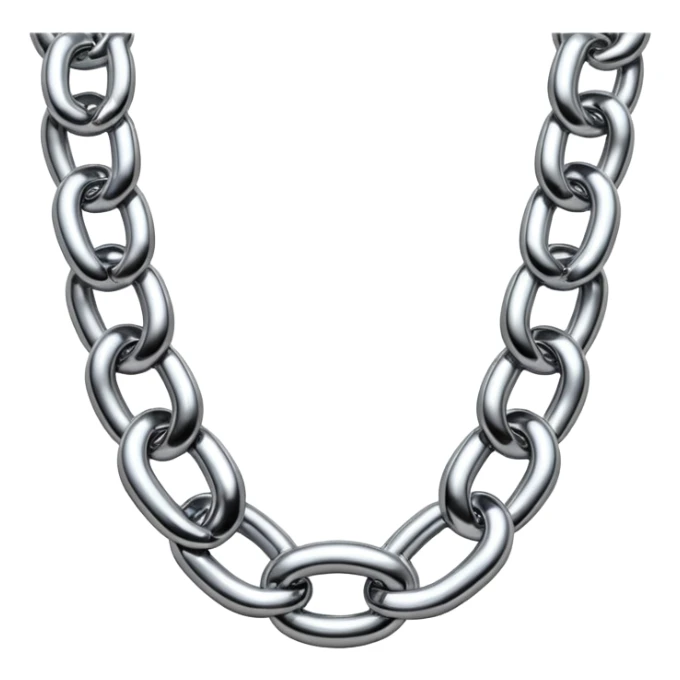 A thick luxury chain emoji made of liquid silver chrome, smooth rounded links, glossy metallic reflections, heavy swag aesthetic, minimalistic iOS emoji style, centered, clean white background sticker