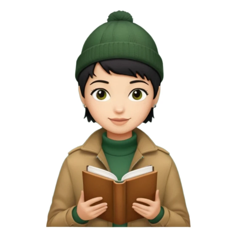 tan skin, non binary man with pixie cut black hair, wearing brown jacket and dark green beanie, shy smile , holding up  book  sticker
