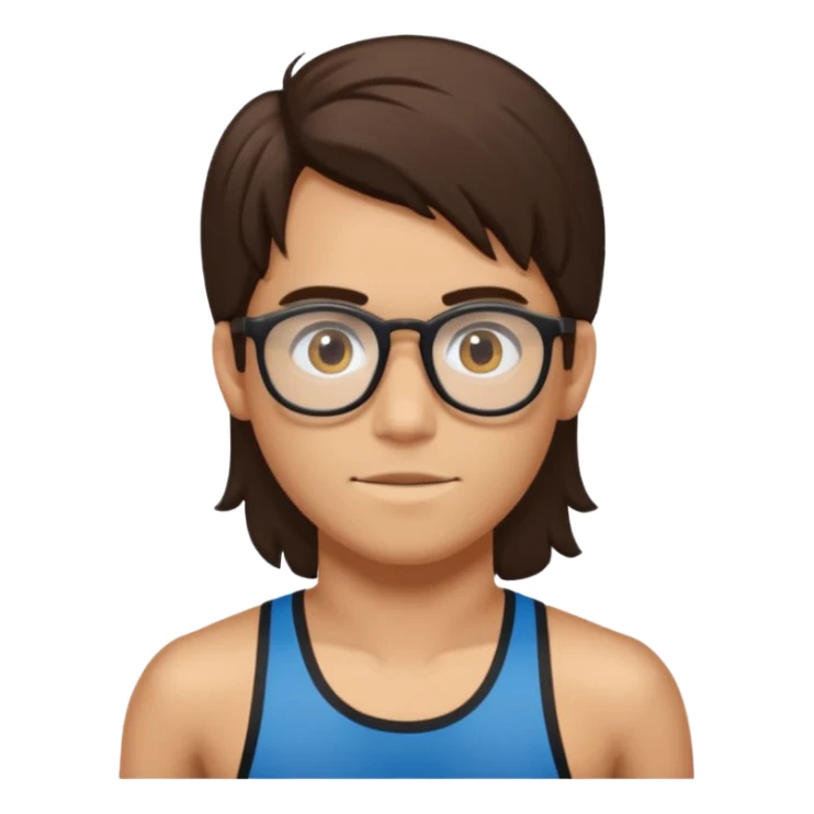 Chico joven, cabello largo marrón oscuro, con lentes de running, sin camisa sticker