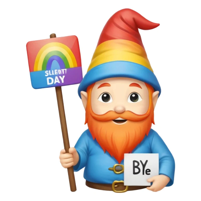 A zen rainbow gnome, holding a sign, "Silent Letter Day, who's with me?” sticker