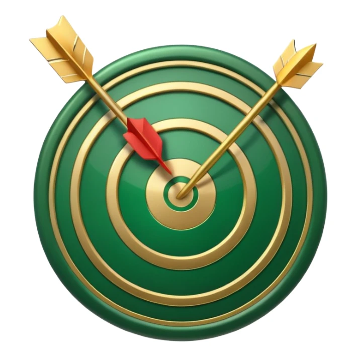 3D target icon with arrow hitting bullseye, modern glossy style, deep green (#0B3D2C) rings, gold (#C9B037) center and arrow, subtle glow, transparent background, premium render sticker