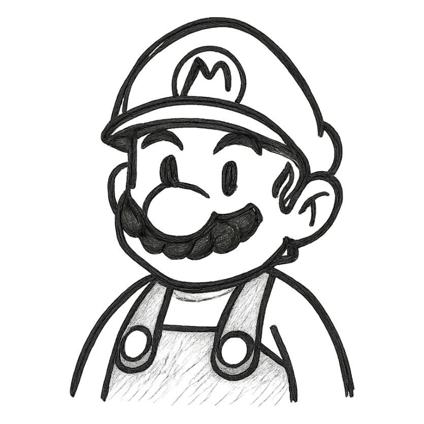 Mario with red hat and blue overalls, hand drawn style, soft lines, warm tones, friendly expression sticker