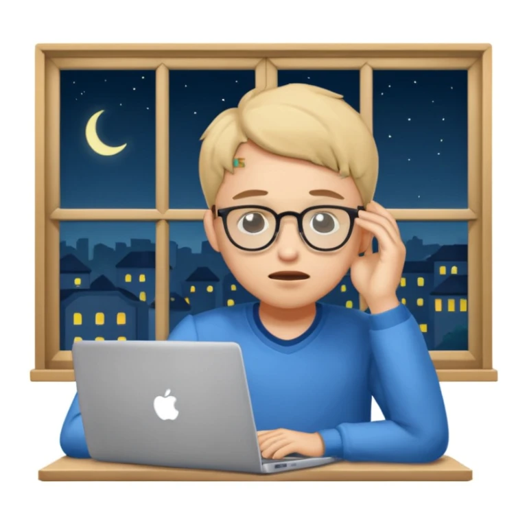 tired student with laptop, rubbing eyes, window at night behind sticker