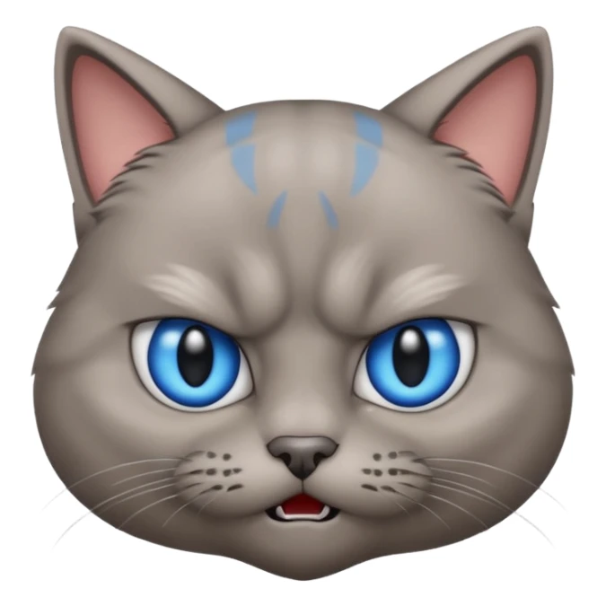 angry grey cat blue small eyes. iphone real emoji style sticker