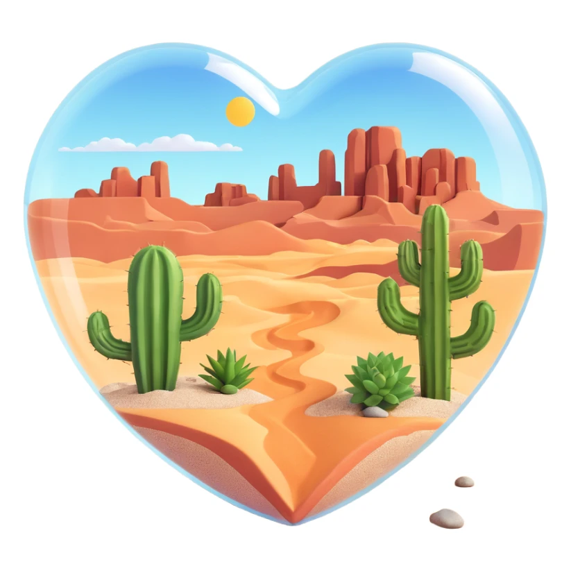 clear transparent heart shape containing a desert scene with sand, a cactus, and a small rock, realistic glass look sticker
