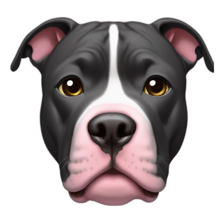 Black adult pitbull with pink mark on upper nose, with a thin white line from nose to forehead sticker