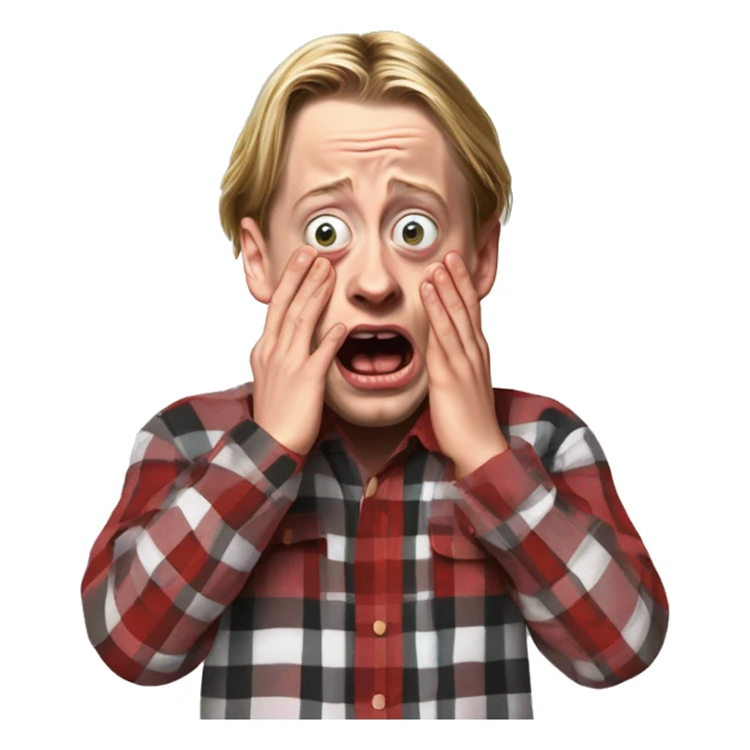 macaulay culkin from Home Alone, putting both hands on his face and screaming of fear. bring the hands down lik he is putting on his cheeks. sticker