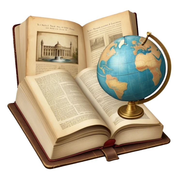 Icon for Documentary and Literary Fiction Reading: an open book with a mix of historical facts and vivid storytelling, featuring a globe, a fountain pen, and a vintage camera. The icon should represent the blend of reality and storytelling in documentary fiction. Transparent background. sticker