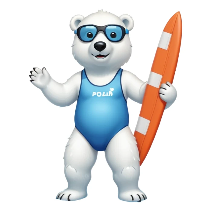 full body friendly anthropomorphised polar bear wearing swim suit with board shorts below the knee and scuba goggles, holding a life buoy, standing in a puddle sticker