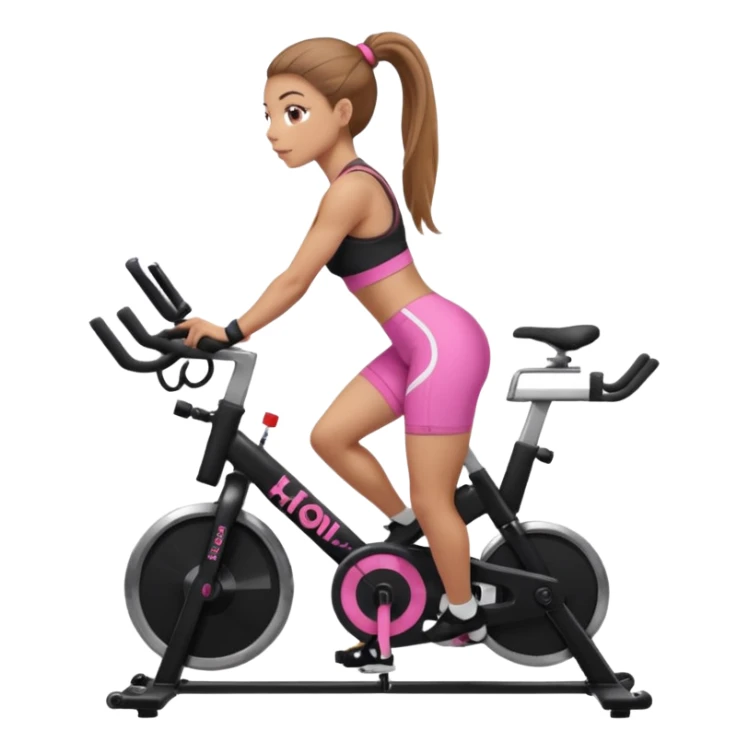 Light skin girl with long light brown hair in a pony tail, black workout set leaning on a indoor spin bike with NO HELMET, can we add a pink sports bra that says HOT GIRL CYCLE CLUB sticker