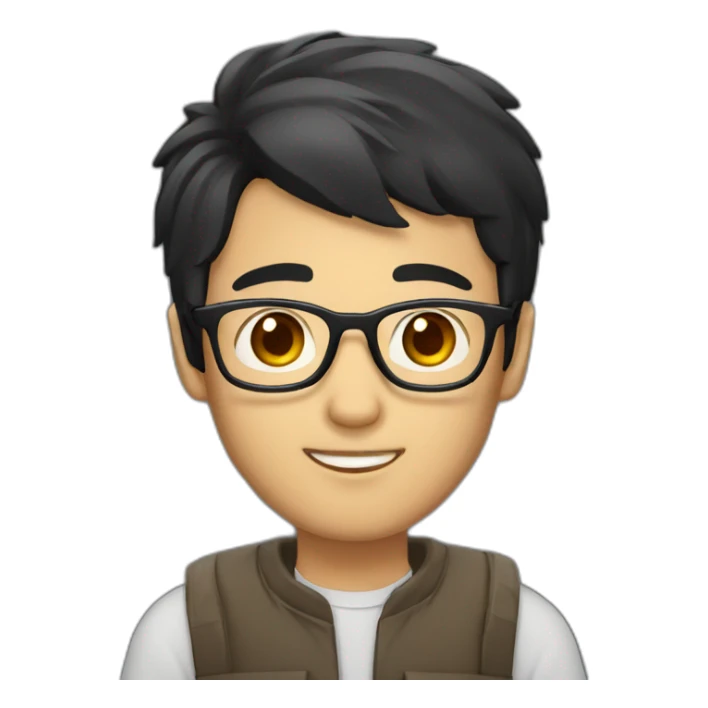 Asian developer black hair brown eyes with glasses and laptop sticker
