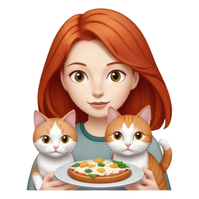 Red haired Woman sharing food with 1 grey white cat sticker