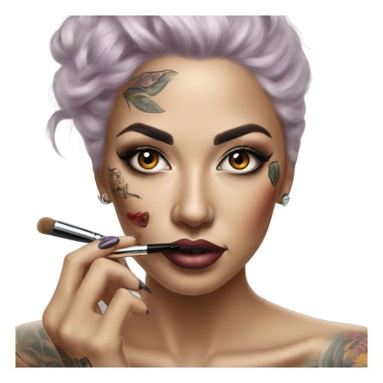 Hyper Realistic Beautiful tattooed woman applying her makeup sticker