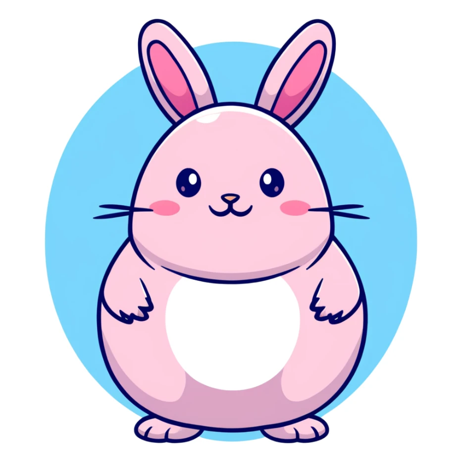 A fat bunny character in Sanrio style like Hello Kitty, large head with big round eyes, blushing cheeks, small mouth, minimal facial features, tiny spikes, pastel pink and blue colors, clean bold outlines, rounded shapes sticker