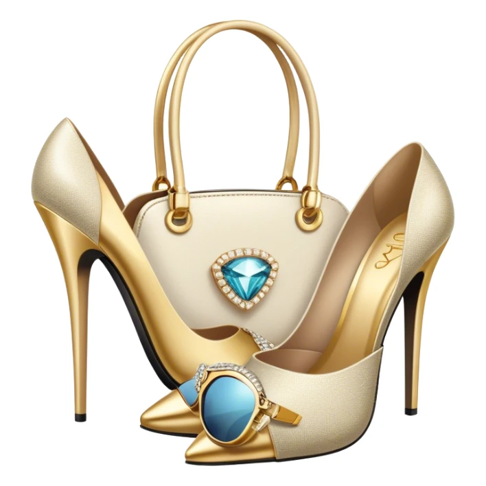 A photorealistic icon featuring luxurious fashion accessories like a high-end handbag, elegant high heels, a sparkling diamond necklace and a stylish pair of sunglasses. The design includes gold accents, purfume, and glamorous textures, fashion, and VIP luxury. Transparent background sticker