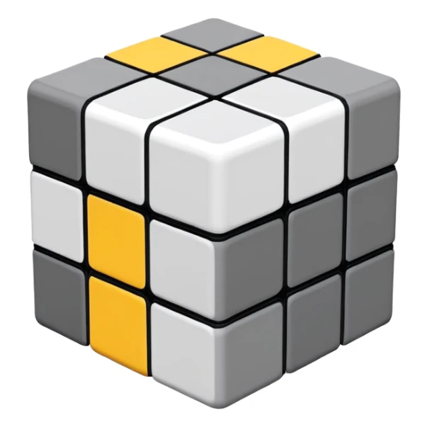 A 3x3 Rubik's Cube in monochromatic grayscale: white, light gray, medium gray, dark gray, black, minimalist iOS emoji style sticker