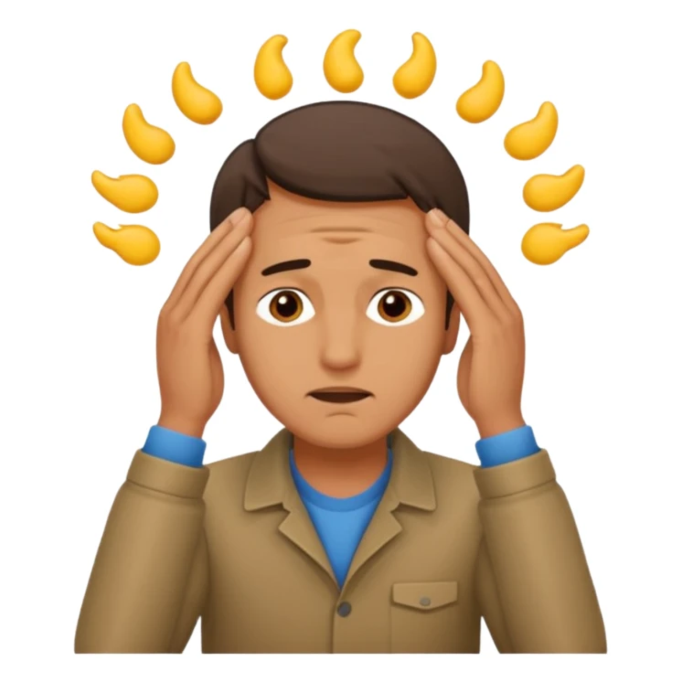 An overwhelmed man touching his forehead with his hands. sticker