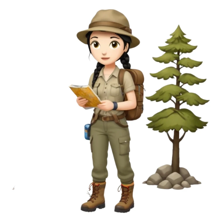 A braid black hair backpacking woman checking her map with curious eyes while walking wear camping hat and dirt covered boots full body sticker