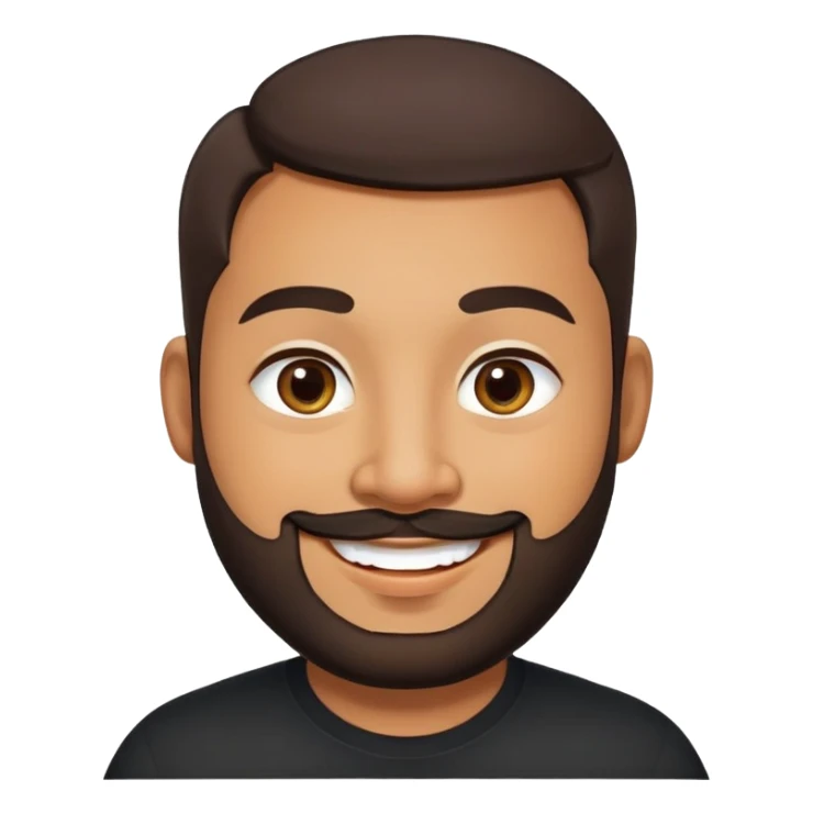 Heavier-set producer with light brown skin, pear-shaped face, full cheeks, big cheerful smile, warm inviting eyes, thick eyebrows, wide nose, short well-groomed beard, very short dark hair, wearing a black shirt sticker