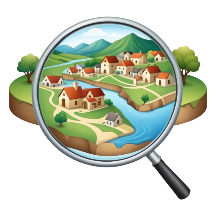 An icon featuring a magnifying glass over a local map, with a small village, traditional house, and natural landmarks like a river and hill, symbolizing local history and geography. Transparent background highlights the study of native land, culture, and heritage. sticker