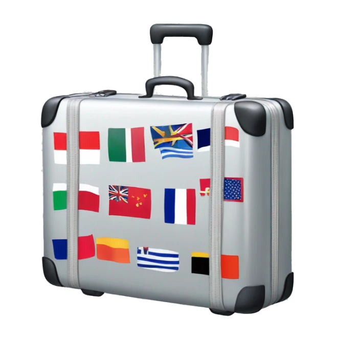 A silver suitcase with stickers from different countries sticker