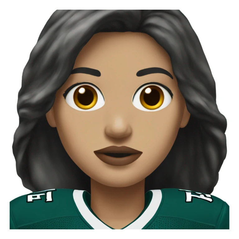 White female long dark hair red lips wearing Philadelphia Eagles jersey sticker