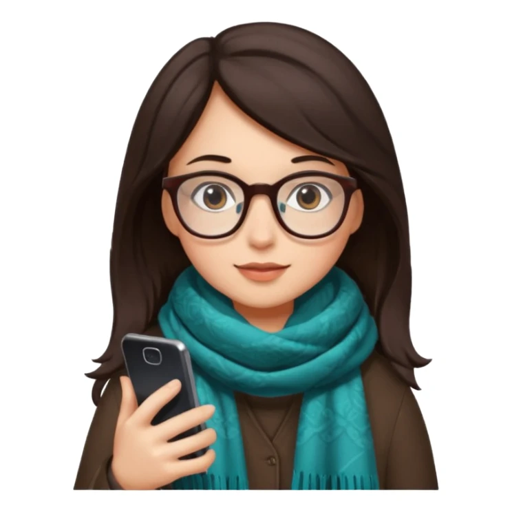 Fille châtain foncé avec lunettes. Elle porte une grosse écharpe. Elle est sur dans un toilettes. Téléphone en main sticker