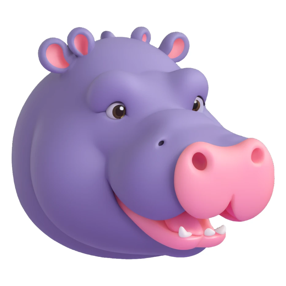 3D emoji style hippo face, side view, mouth open, simple and cute sticker