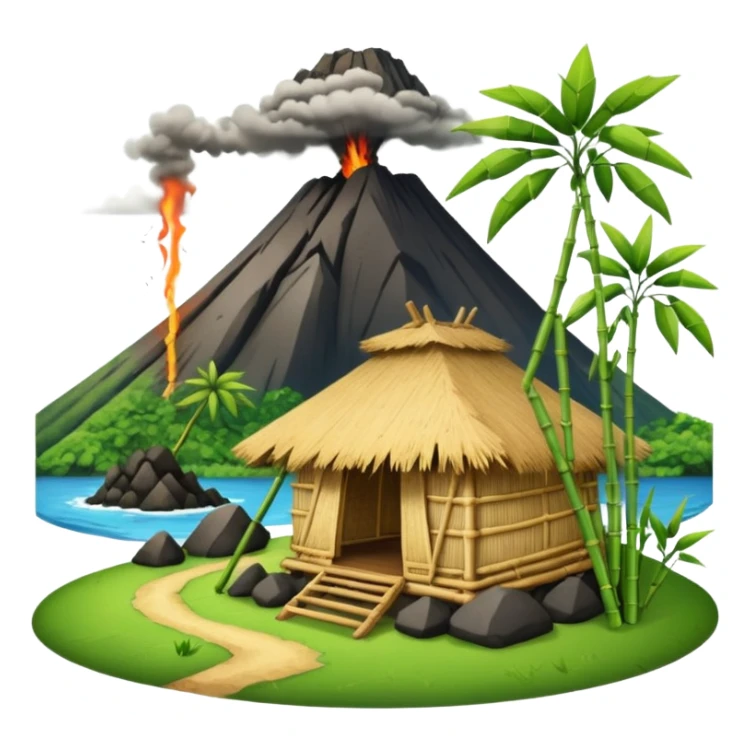 bamboo hut front of the volcano sticker