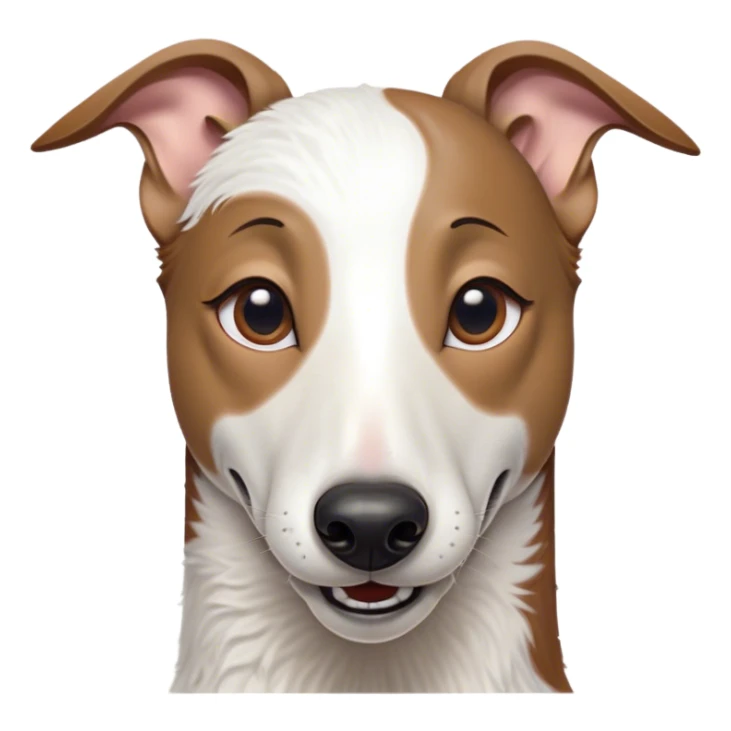 Cinematic Comical White and Brown Greyhound Portrait Emoji, Head tilted dramatically with an exaggeratedly amused expression, featuring a striking white Fur with dynamic brown accents, wide, expressive eyes filled with playful disbelief, Simplified yet hilariously expressive features, highly detailed, glowing with a slightly sassy glow, high shine, dramatic yet playful, stylized with an air of cheeky mischief, bright and endearing, soft glowing outline, capturing the essence of a spirited and over-the-top racer, so meme-worthy it feels like it could side-eye its way into internet fame instantly! sticker