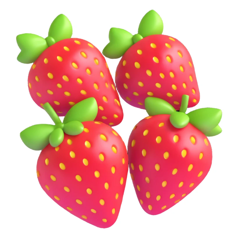 Redraw the image with two strawberries and a pink bow in the style of 3D iOS emoji, similar to the example with the tulip bouquet: glossy, volumetric, with soft shadows, bright colors, smooth shapes, cute and cartoonish appearance, light background. sticker