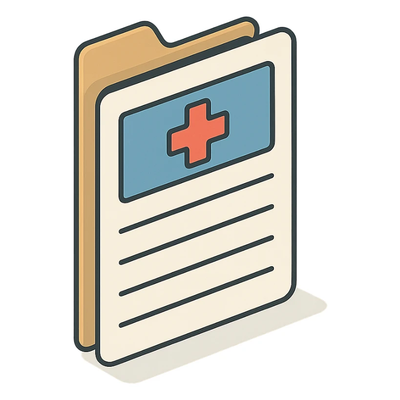 first page of medical history folder with header and fillable fields, 2D isometric style, clean outlines, highly detailed drawing, shadows and highlights, soft lighting, transparent background sticker