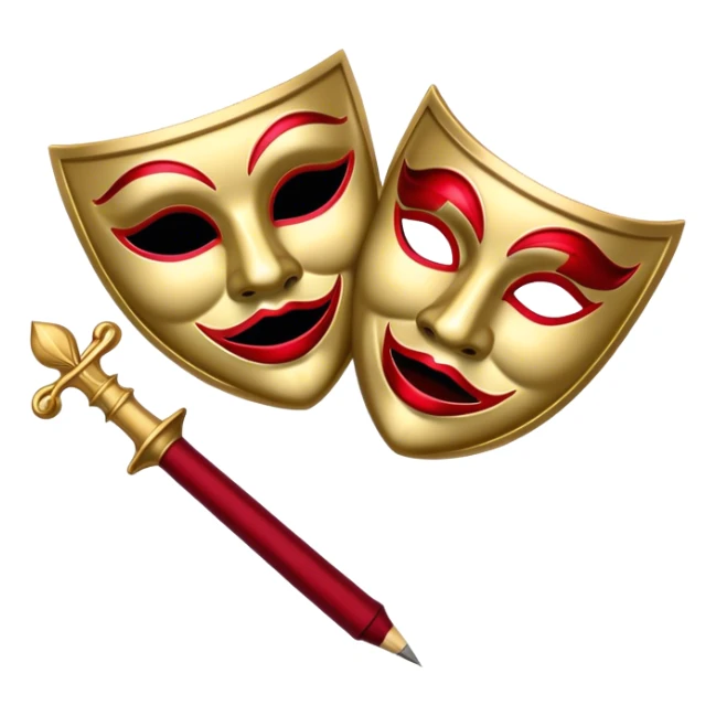 Create a bold and dramatic emoji representing the art of playwriting. The design should feature an open script or a theater playbook, with stylized text inside. Include elements like a theatrical comedy and tragedy masks, a stage spotlight, or a writting quill to symbolize creativity and performance. Use deep, contrasting colors like red, black, and gold to evoke the intensity and passion of drama. The overall design should feel dramatic, inspiring, and artistic. Make the background transparent. sticker