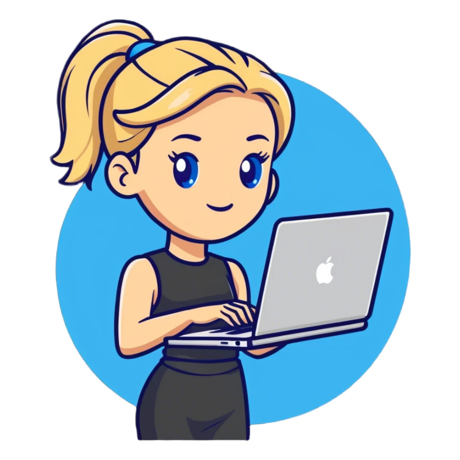Cartoon 
Blonde woman ponytail blue eyes with MacBook sticker