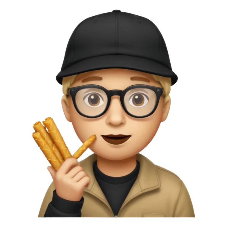 num num eatting hashbrown sticks with a plain black cap and glasses sticker