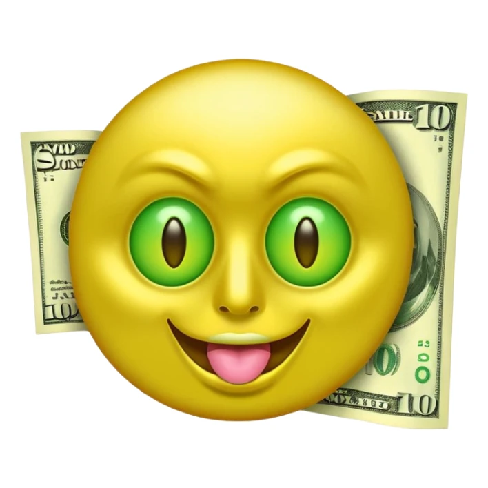 money face emoji. The face should be bright yellow, with exaggerated dollar-sign eyes glowing in neon green, and a tongue sticking out shaped like a crisp $100 bill. Add a shiny, golden aura behind the face sticker