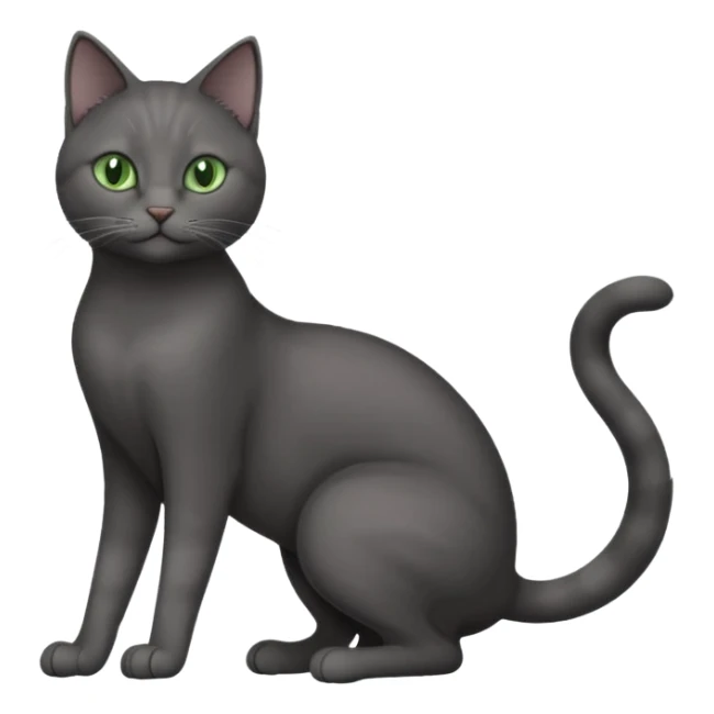 full body gorgeous solid dark grey cat with green eyes, white paws and white whiskers stretching like a cat sticker