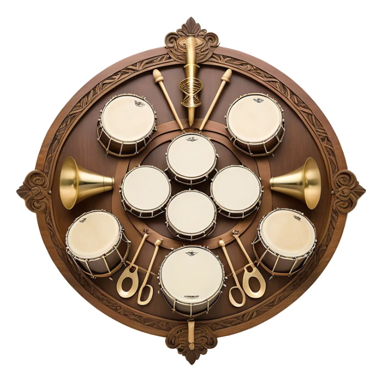Create a heraldic, festive, and professional emblem-like emoji representing percussion instruments. The design should resemble a traditional crest, featuring a range of percussion instruments like cymbals, triangle, tambourine, maracas, timpani, and other traditional and folk percussion instruments. Arrange them symmetrically, with elements like cymbals crossing each other, a triangle at the center, and timpani or drums flanking the sides. The instruments should be depicted with metallic and wooden tones—shiny brass for cymbals, silver for the triangle, and rich wood or polished bronze for drums. Include ornate details like engraved patterns on the instruments, decorative swirls or laurels, and subtle accents to add elegance and festivity to the composition. The overall design should be cohesive, balanced, and visually striking, suitable for use as a prestigious emblem. The background should be transparent. sticker