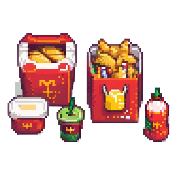 futuristic mc donalds sandwich boxes, fries, bag and drink. dystopian sticker