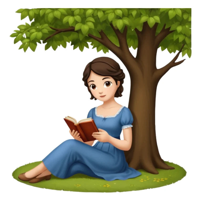 Jane Austen inspired brunette character reading a book outdoors, sitting under a tree sticker
